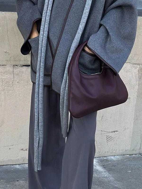 Long Sleeves Loose Pockets Solid Color Split-Joint Tied Waist V-neck Woolen Coat