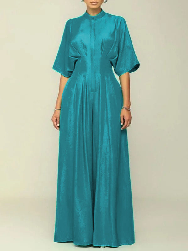 Half Sleeves High Waisted Pleated Solid Color Mock Neck Jumpsuits