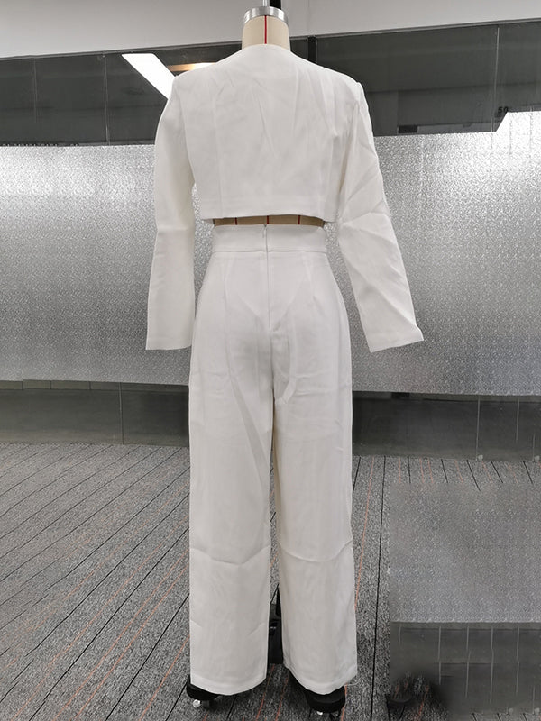 Long Sleeves Buttoned Solid Color Split-Joint Round-Neck Blazers Top + Zipper Wide Leg Mesh Pleated Pants Bottom Two Pieces Set