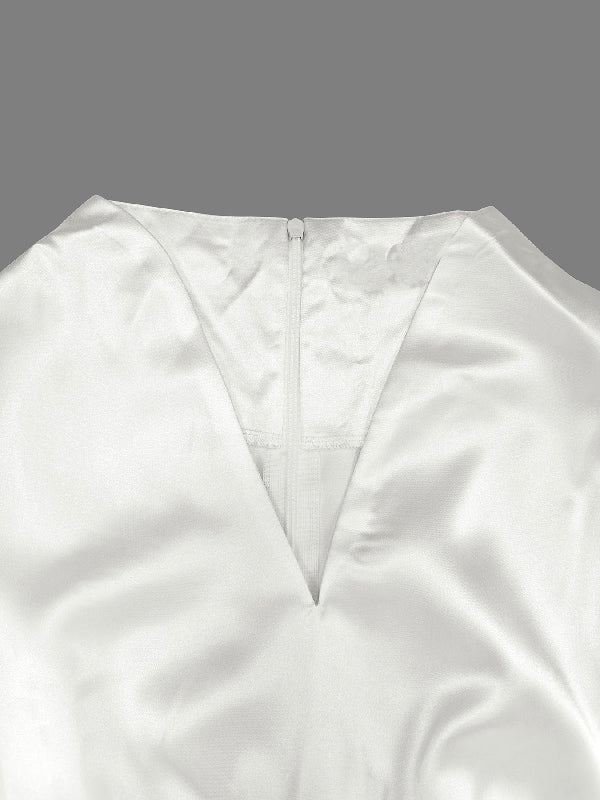 High Waisted Puff Sleeves Falbala Solid Color V-Neck Maxi Dresses