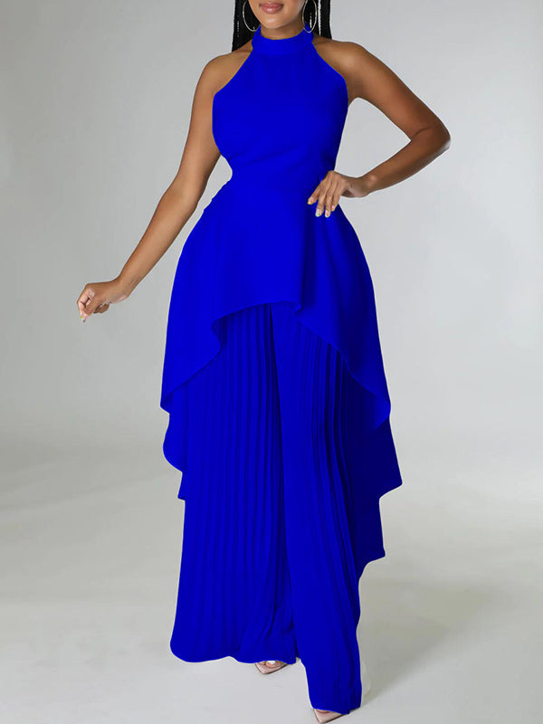 Loose Backless Lacy Solid Color Halter-Neck Vest Top + High-Low Pants Bottom Two Pieces Set