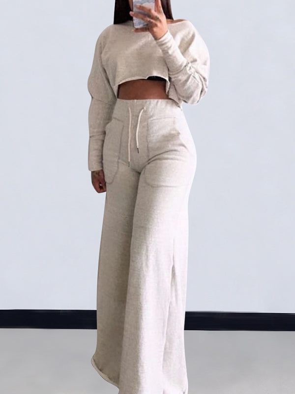 Loose Solid Color Long Sleeves T-Shirt + Drawstring Wide Leg Pants Trousers Two Pieces Set