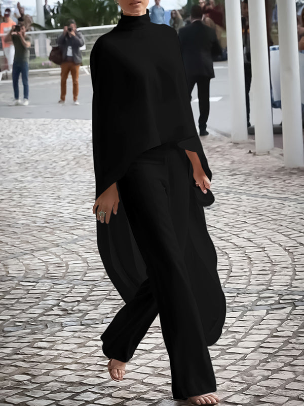 High-low Loose Solid Color High-neck Pants Set Two Pieces Set