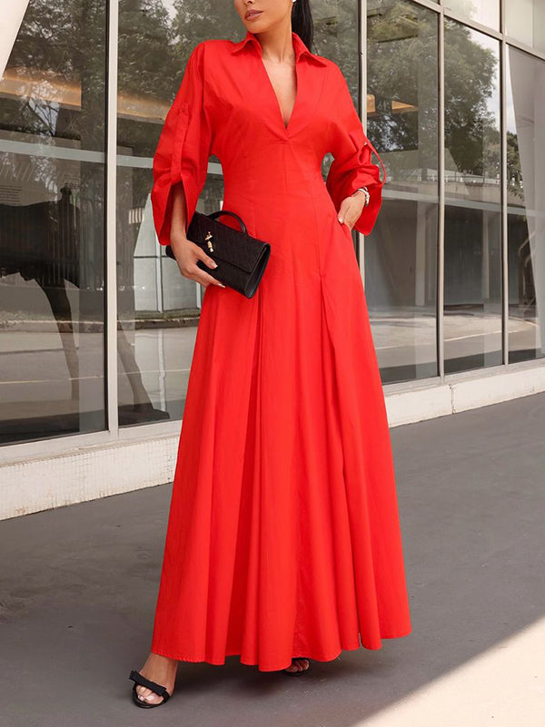 A-Line High Waisted Pleated Solid Color V-Neck Maxi Dresses Shirt Dress