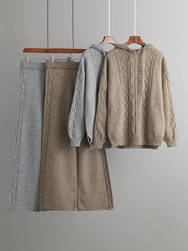 Urban Loose Solid Color Hooded High-Low Sweater Tops & Wide Leg Pants Two Pieces Set