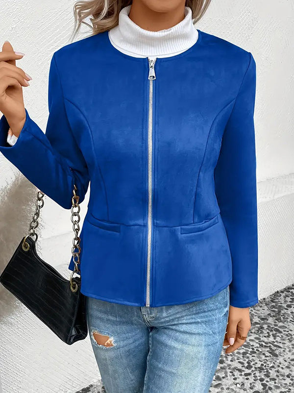 Long Sleeves Loose Pockets Solid Color Split-Joint Zipper Round-Neck Jackets Outerwear