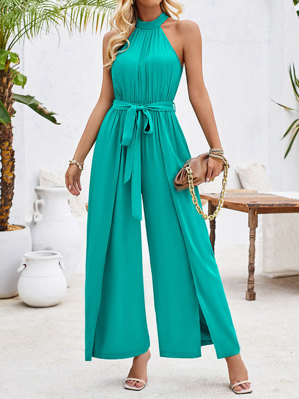 High Waisted Loose Pleated Solid Color Split-Front Tied Waist Halter-Neck Jumpsuits