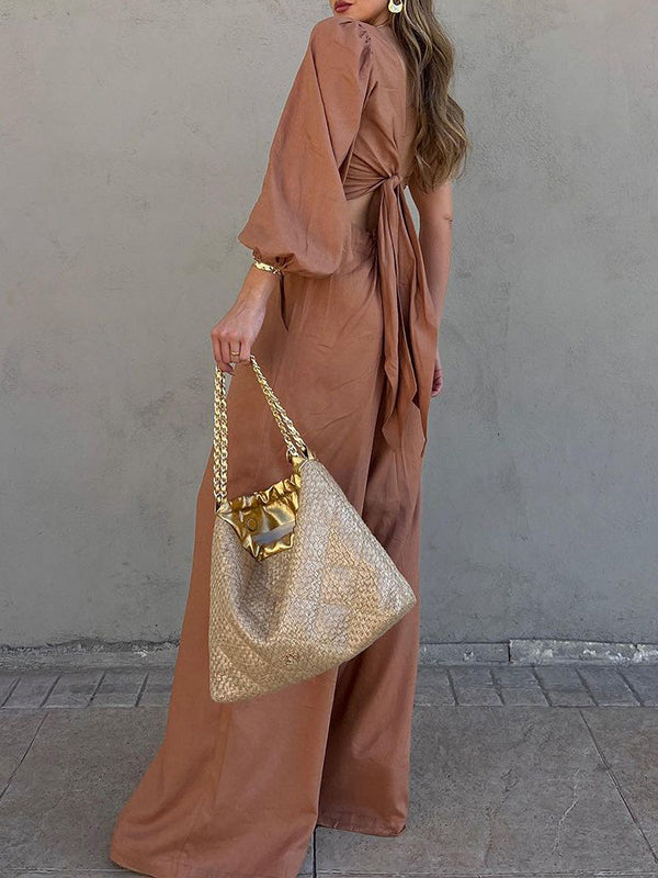 Long Sleeves Loose Asymmetric Elasticity Knot Pleated Solid Color One-Shoulder Shirts Top + Pants Bottom Two Pieces Set