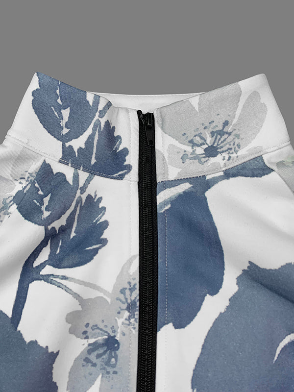 Loose Puff Sleeves Floral Printed Stand Collar Jackets Outerwear