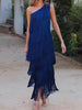 Loose Sleeveless Asymmetric Solid Color Split-Joint Tasseled One-Shoulder Maxi Dresses