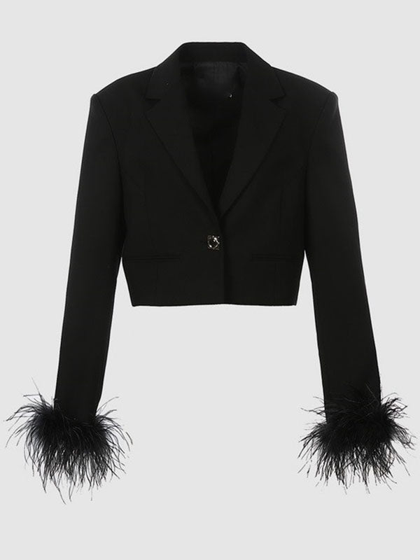 Long Sleeves Buttoned Solid Color Tasseled Notched Collar Blazer Outerwear