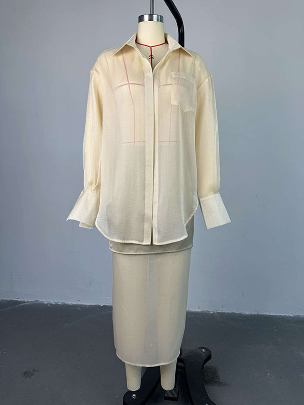 Loose Solid Color See-Through Long Sleeves Lapel Blouse + Skirt Two Pieces Set