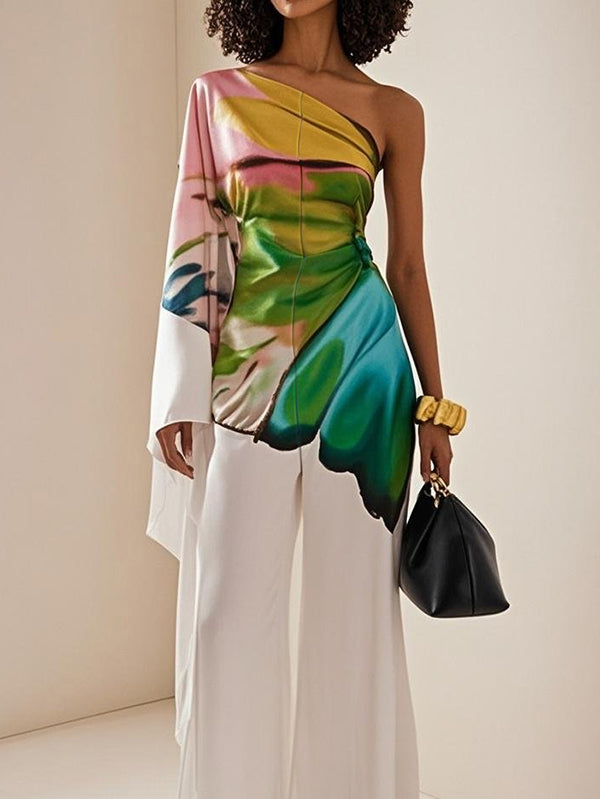 Long Sleeves Loose Flower Print Pleated Pockets One-shoulder Jumpsuits