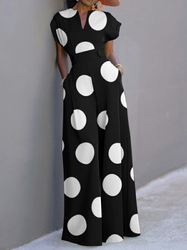 Short Sleeves Wide Leg Polka-Dot V-Neck Jumpsuits
