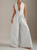 Sleeveless Wide Leg Pleated Solid Color Split-Joint Zipper Round-Neck Jumpsuits