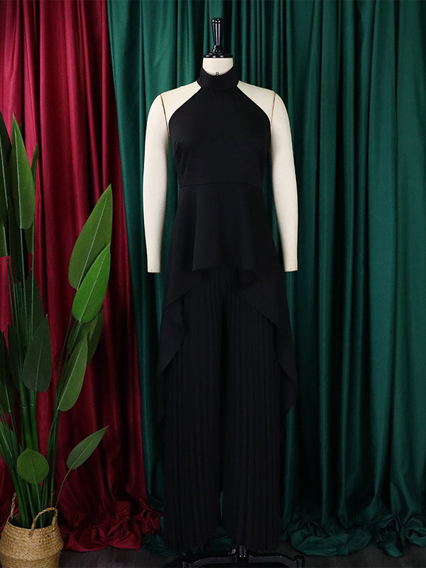 Loose Backless Lacy Solid Color Halter-Neck Vest Top + High-Low Pants Bottom Two Pieces Set