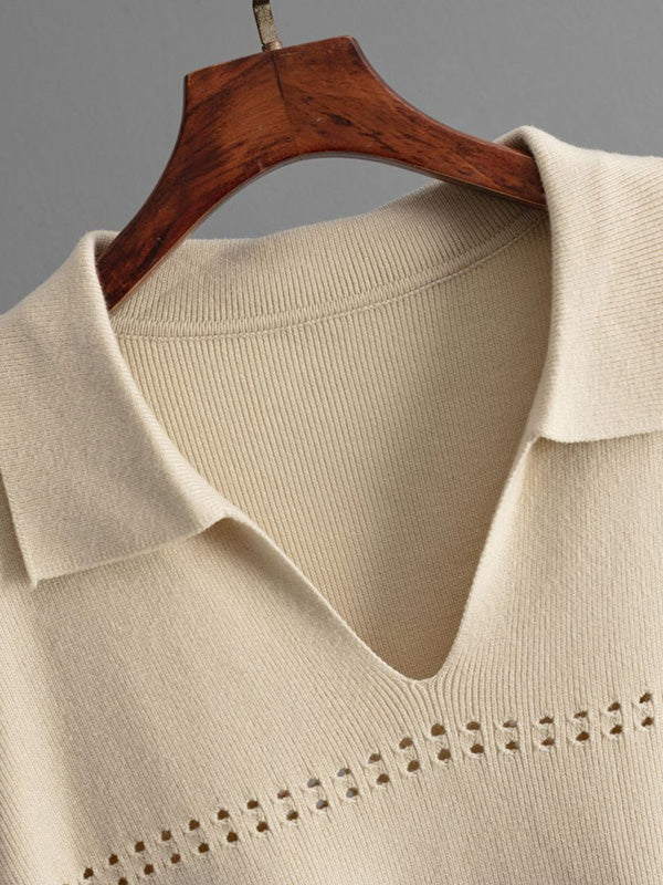 Loose Puff Sleeves Hollow Solid Color Sweater + Elasticity Skirt Two Pieces Set