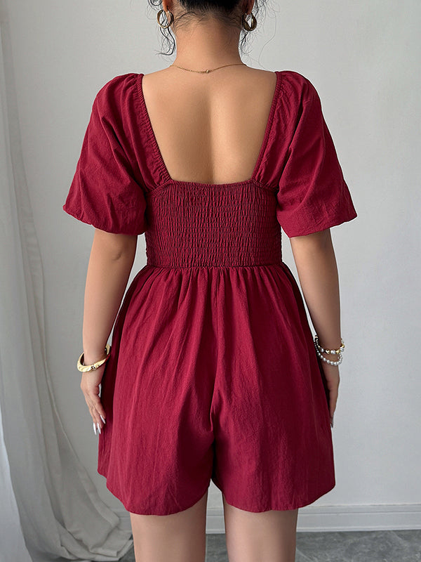 A-Line Half Sleeves Elasticity Pleated Solid Color Square-Neck Rompers