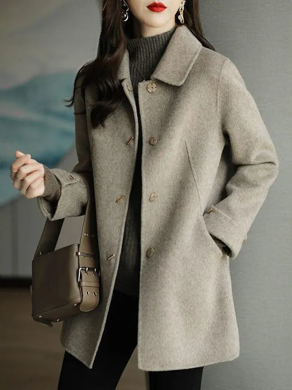 Long Sleeves Loose Buttoned Pockets Solid Color Lapel Woolen Coat
