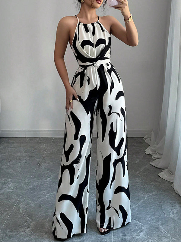 Loose Sleeveless Contrast Color Pleated Spaghetti-Neck Jumpsuits