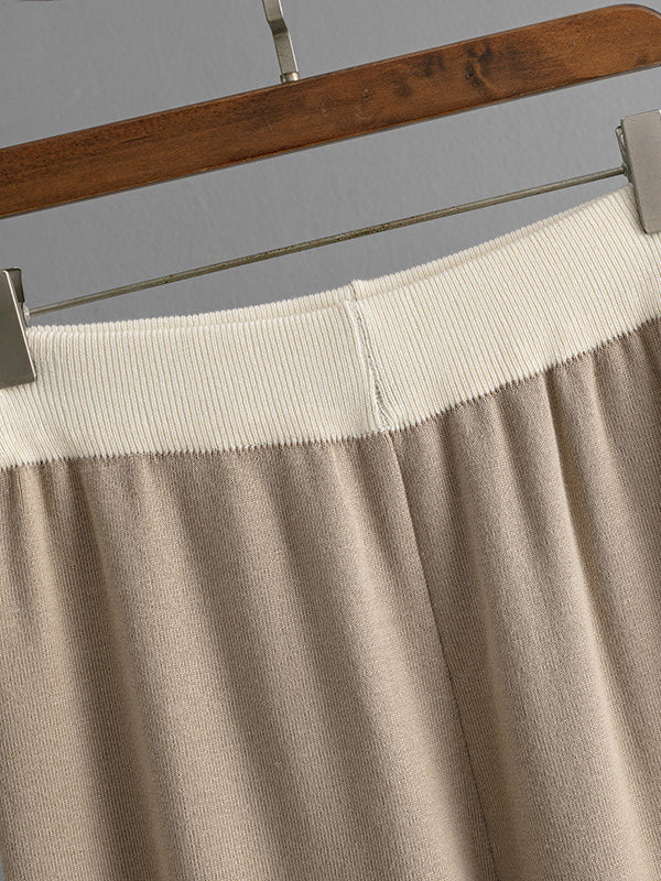 High-Low Contrast Color Split-Side V-Neck Sweater Tops + Elasticity Pants Trousers Two Pieces Set
