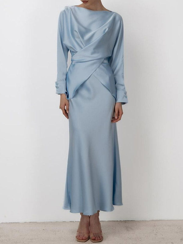 Loose Solid Color Split-Joint Boat Neck Long Sleeves Blouse & Shirt + Skirt Two Pieces Set