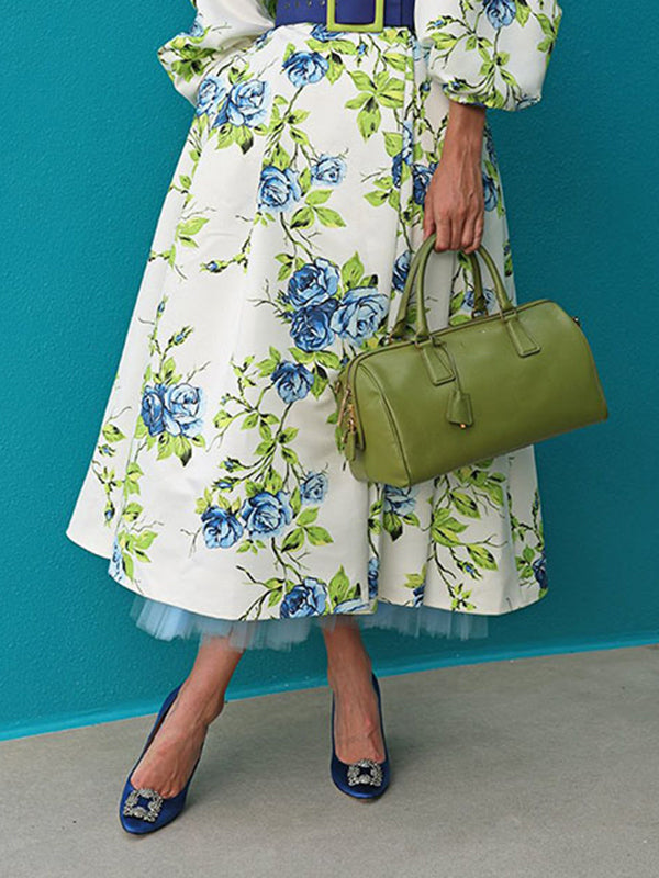 Batwing Sleeves Loose Pleated Printed Tied Waist Lapel Midi Dresses Shirt Dress