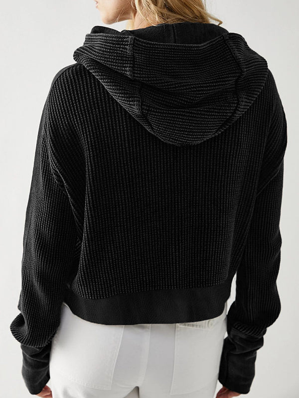 Hooded Long Sleeves Buttoned Pockets Split-Joint Zipper Hooded Outerwear