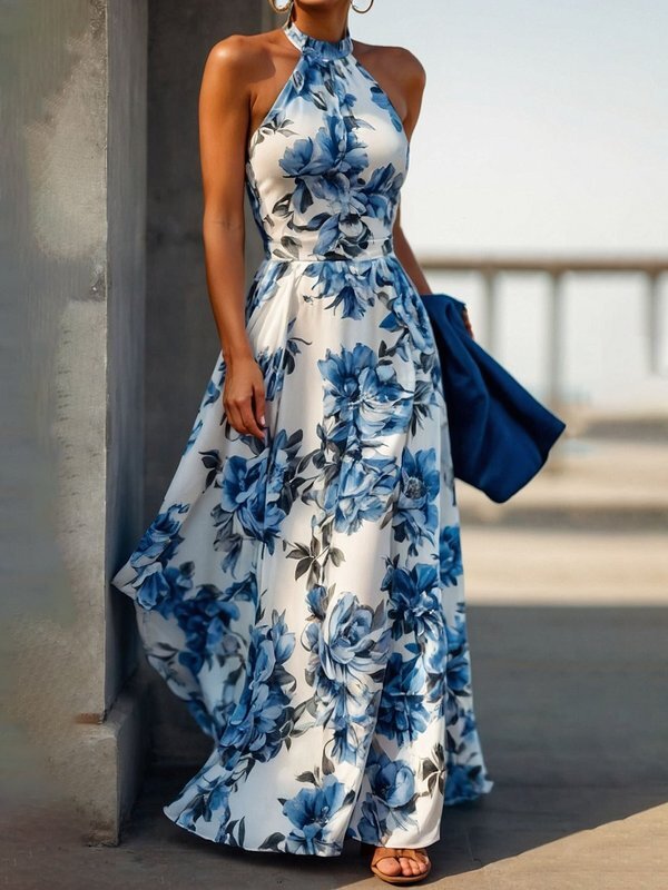 A-Line High Waisted Contrast Color Flower Print Pleated Halter-Neck Maxi Dresses