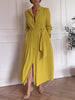 A-Line Long Sleeves Buttoned Pleated Pockets Solid Color Tied Waist V-Neck Maxi Dresses