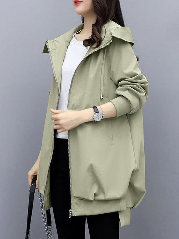 Casual Loose 4 Colors Pleated Zipper Hooded Long Sleeves Outwear
