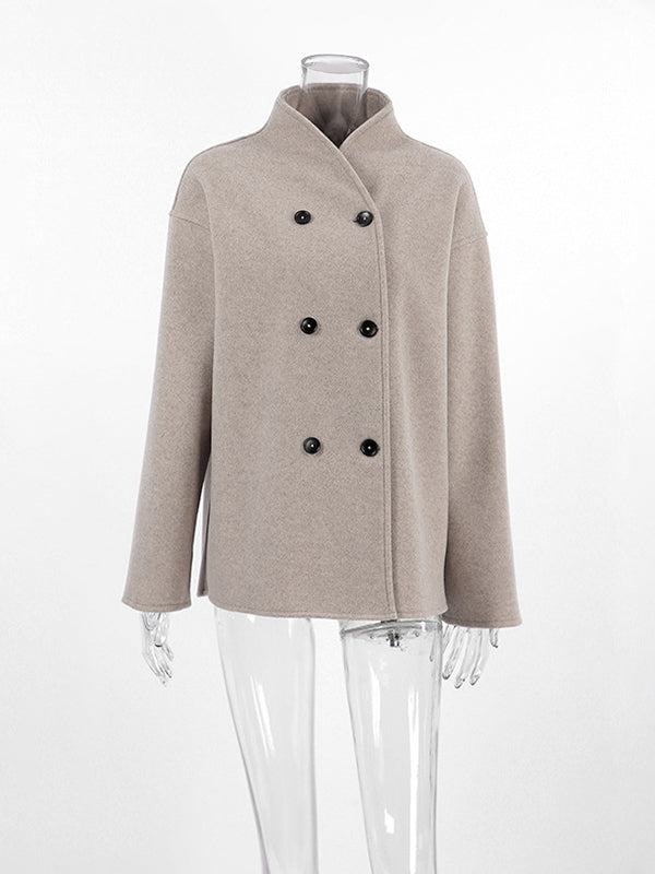 Long Sleeves Loose Buttoned Stand Collar Woolen Coat