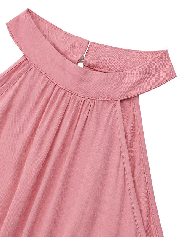 High Waisted Loose Pleated Solid Color Split-Front Tied Waist Halter-Neck Jumpsuits