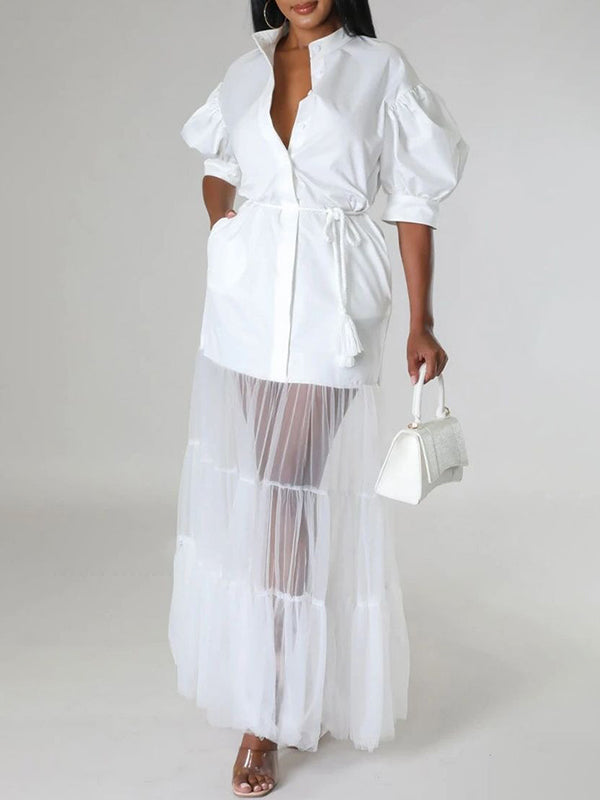 Puff Sleeves Gauze Pleated See-Through Solid Color Split-Joint Tied Waist Lapel Maxi Dresses