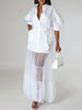 Puff Sleeves Gauze Pleated See-Through Solid Color Split-Joint Tied Waist Lapel Maxi Dresses