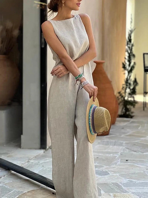 Loose Sleeveless Solid Color Split-Joint Round-Neck Jumpsuits