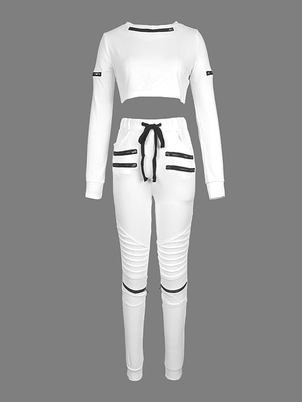 Long Sleeves Contrast Color Drawstring Zipper Tees&Pants Two Pieces Set
