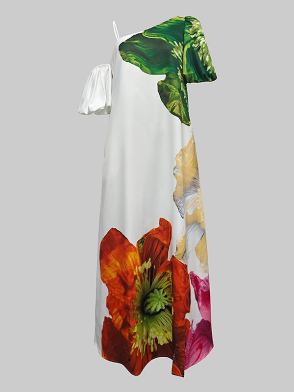 A-Line Loose Elasticity Flower Print One-Shoulder Maxi Dresses