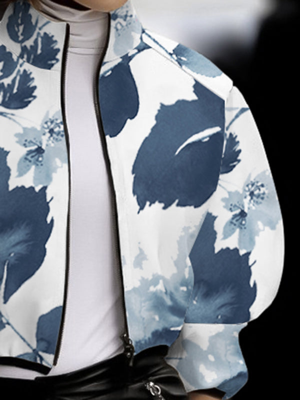 Loose Puff Sleeves Floral Printed Stand Collar Jackets Outerwear