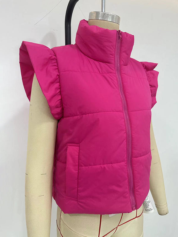 Flared Sleeves Pleated Solid Color Split-Joint High Neck Padded Vest