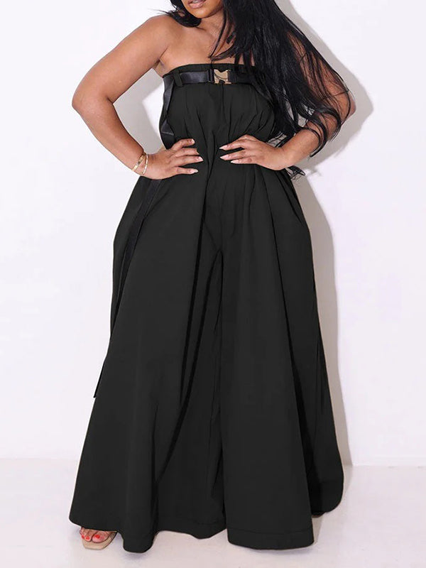 Loose Sleeveless Belted Pleated Pockets Solid Color Tube Jumpsuits