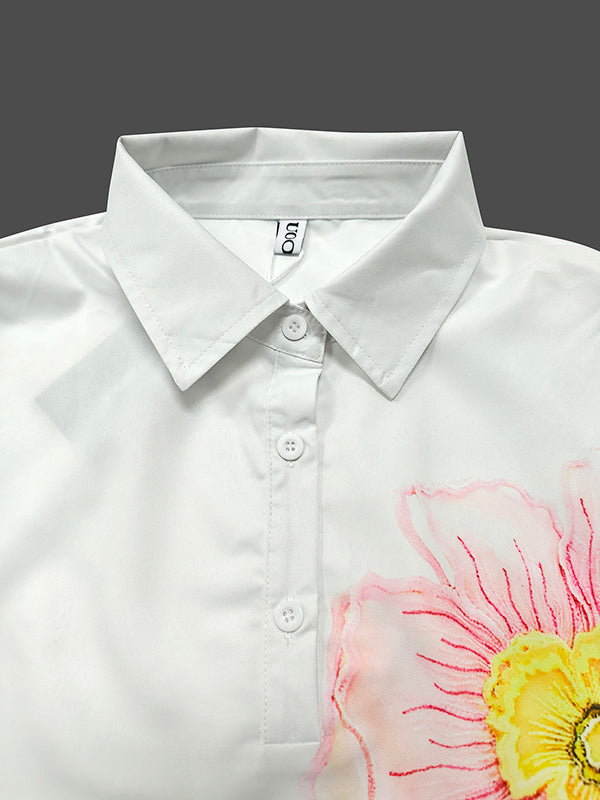 A-Line Flared Sleeves Floral Printed Split-Joint Split-Side Lapel Collar Maxi Dresses Shirt Dress