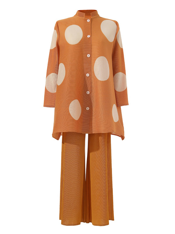 Long Sleeves Loose Pleated Polka Dot Stand Collar Top + Pants Bottomtwo Pieces Set