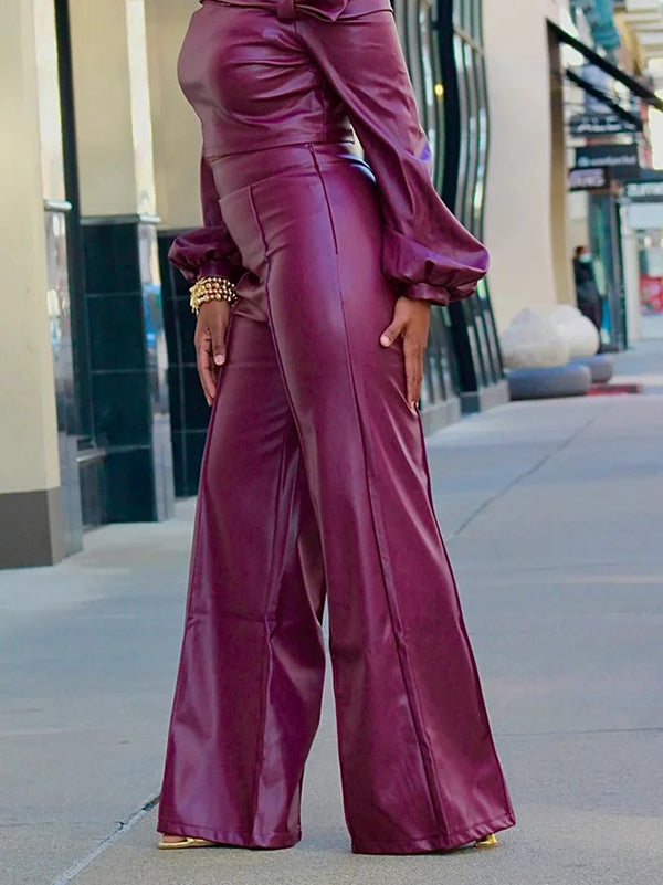 Long Sleeves Puff Sleeves Asymmetric Knot Solid Color Off-The-Shoulder Shirts Top + Pants Bottom Two Pieces Set