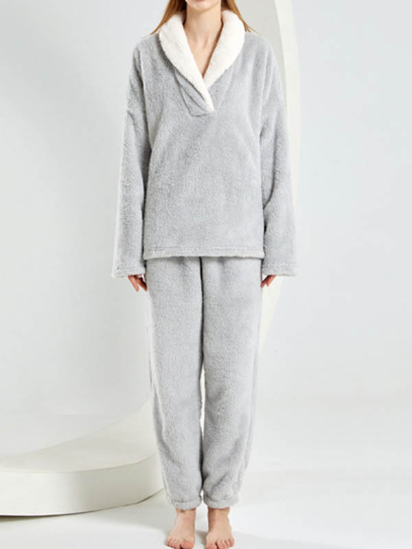 Coral Fleece Split-Joint V-Neck + Pants Pajama Two Pieces Set