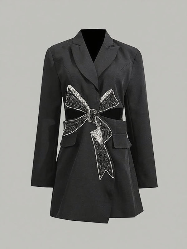 Long Sleeves Hollow Rhine Stones Notched Collar Blazer Outerwear