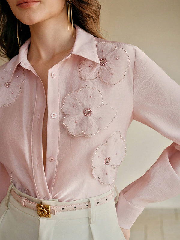 Long Sleeves Applique Split-Joint Lapel Blouses&Shirts Tops