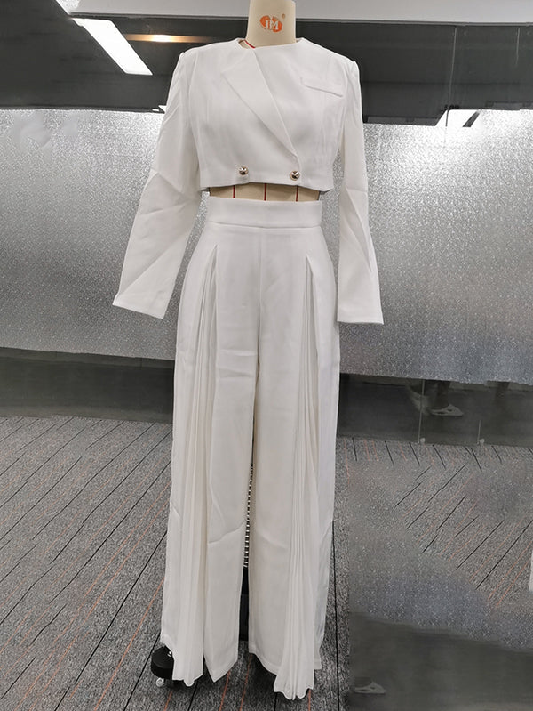 Long Sleeves Buttoned Solid Color Split-Joint Round-Neck Blazers Top + Zipper Wide Leg Mesh Pleated Pants Bottom Two Pieces Set