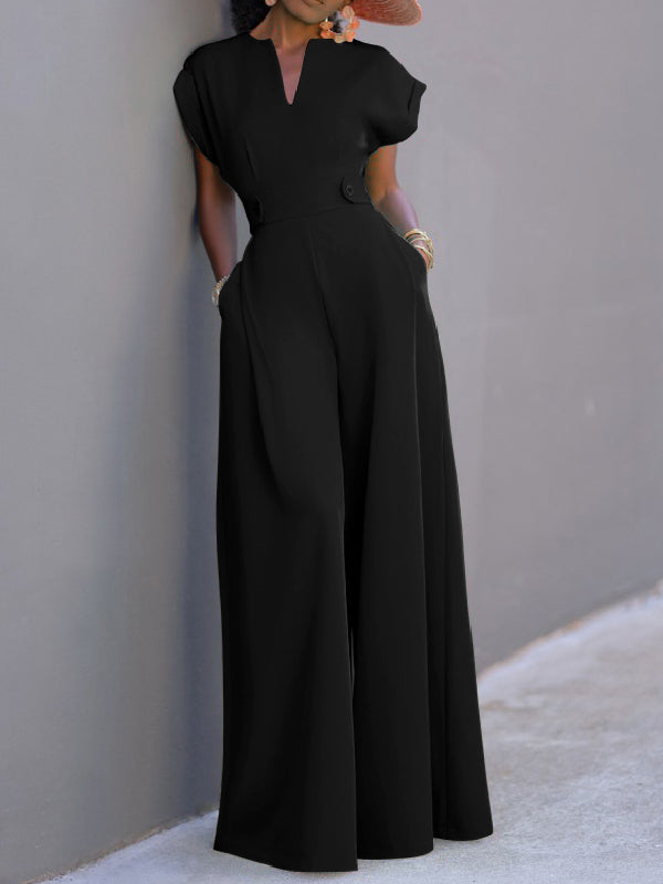 Cap Sleeve Wide Leg Solid Color Jumpsuits