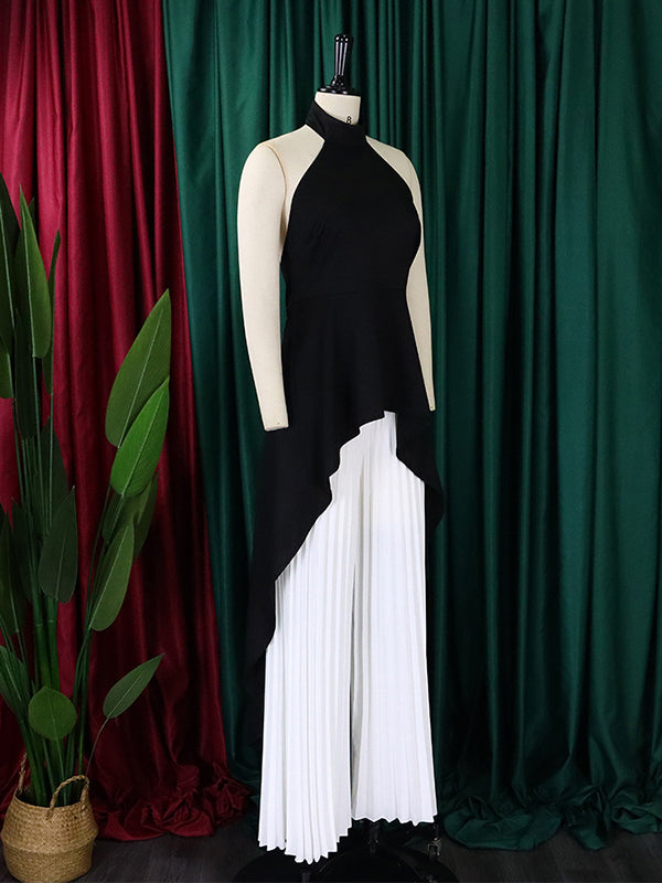 Loose Backless Lacy Solid Color Halter-Neck Vest Top + High-Low Pants Bottom Two Pieces Set